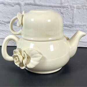 Stacked Ceramic Pottery Teapot Cup Set Paper Windows USA Floral Rose Cream VTG